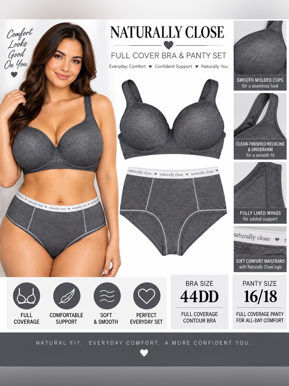 NATURALLY CLOSE FULL COVERAGE BRA & PANTY SET 44DD - GRAY (NEW WITH TAGS) A4